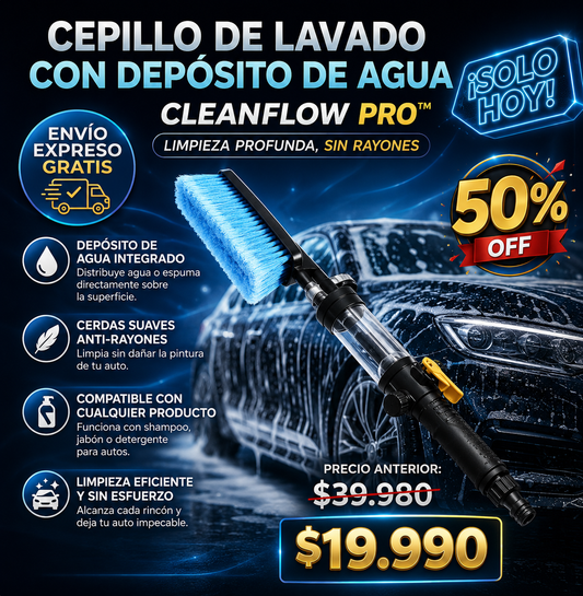 CleanFlow Pro™ - Cepillo de Limpieza con Flujo de Agua Integrado, Mango Ergonómico y Cerdas Suaves para Auto Sin Rayones